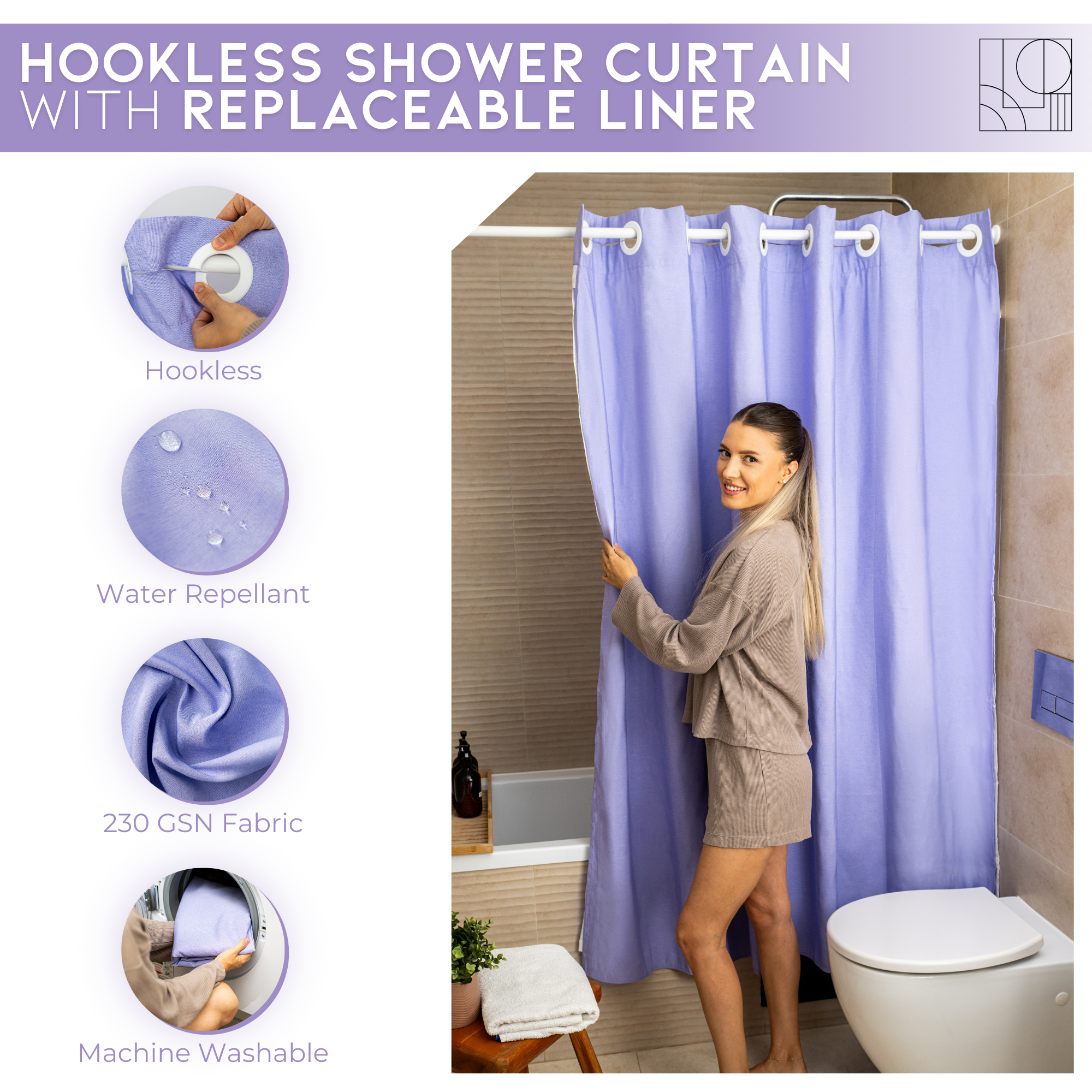 Water Resistant Full Length Bathroom Curtains Shower (Lilac)