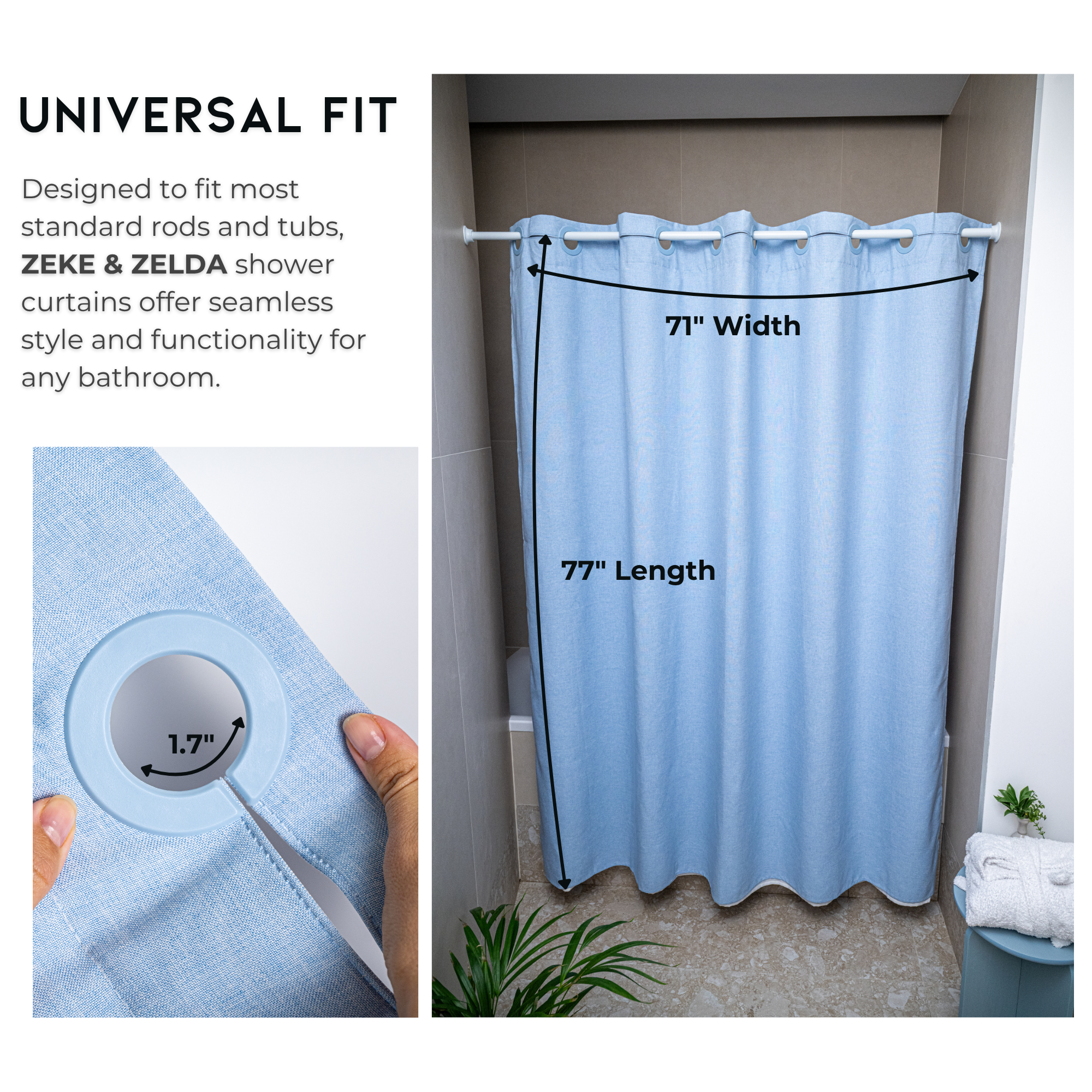 Water Resistant Full Length Bathroom Curtains Shower (Blue)