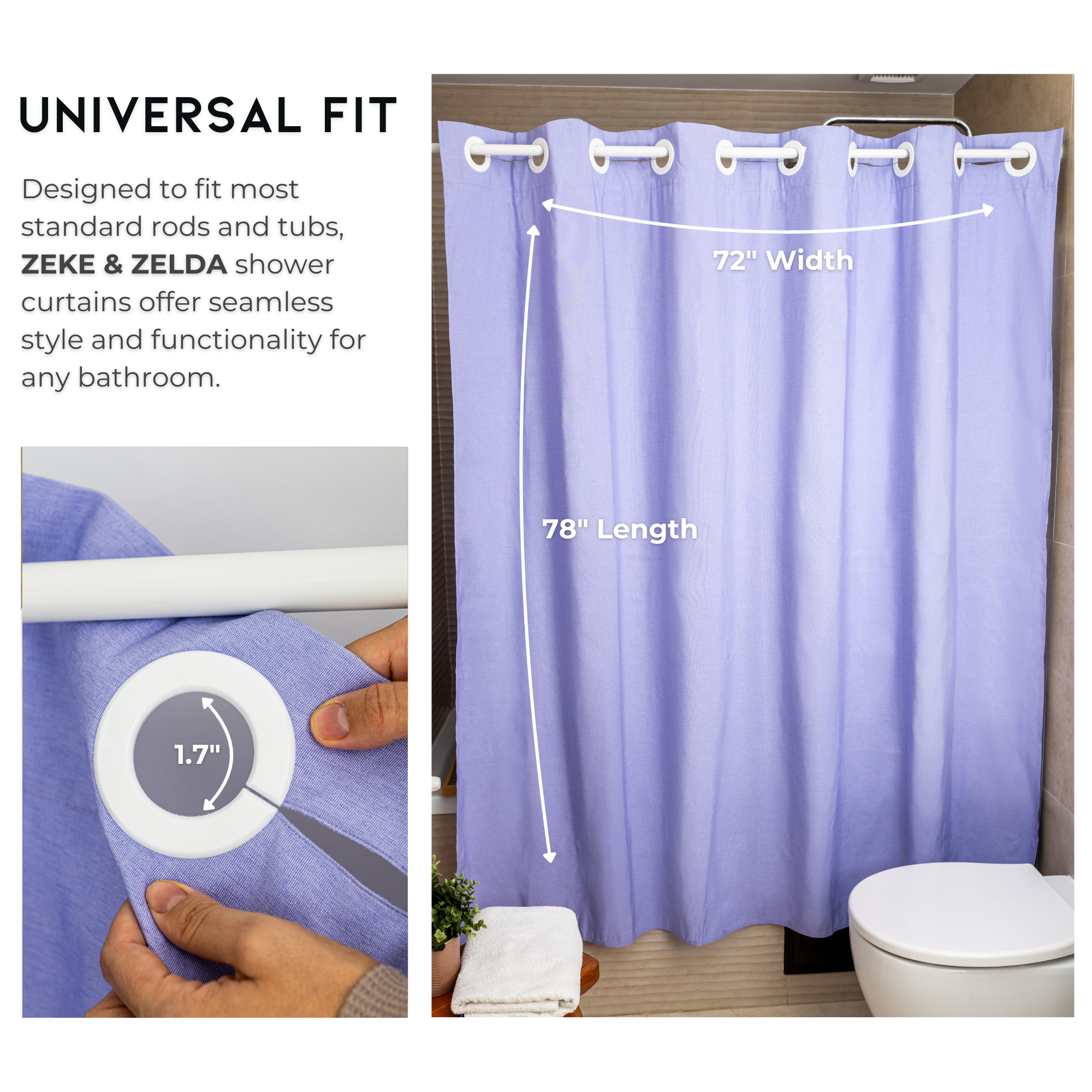 Water Resistant Full Length Bathroom Curtains Shower (Lilac)