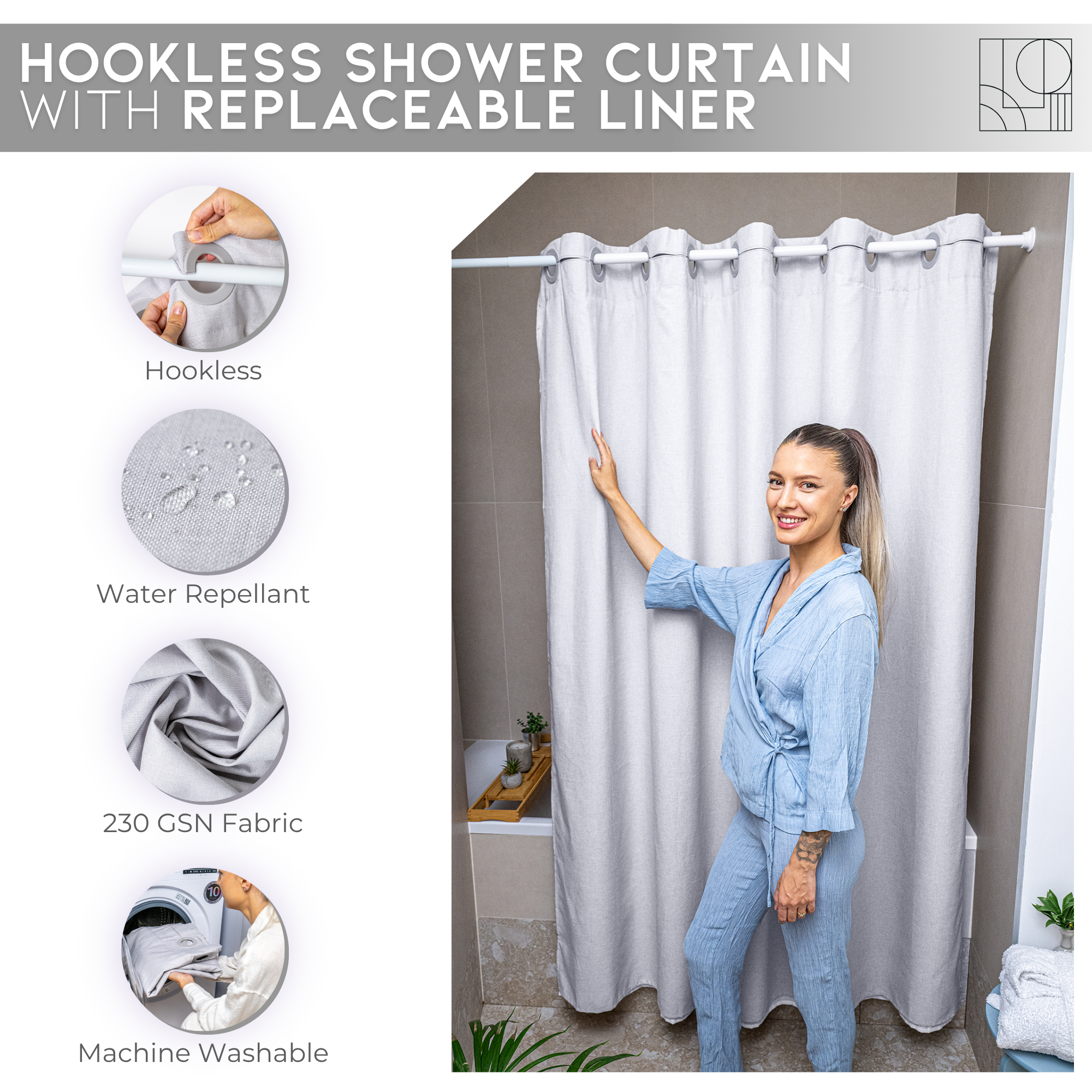 Water Resistant Full Length Bathroom Curtains Shower (Grey)