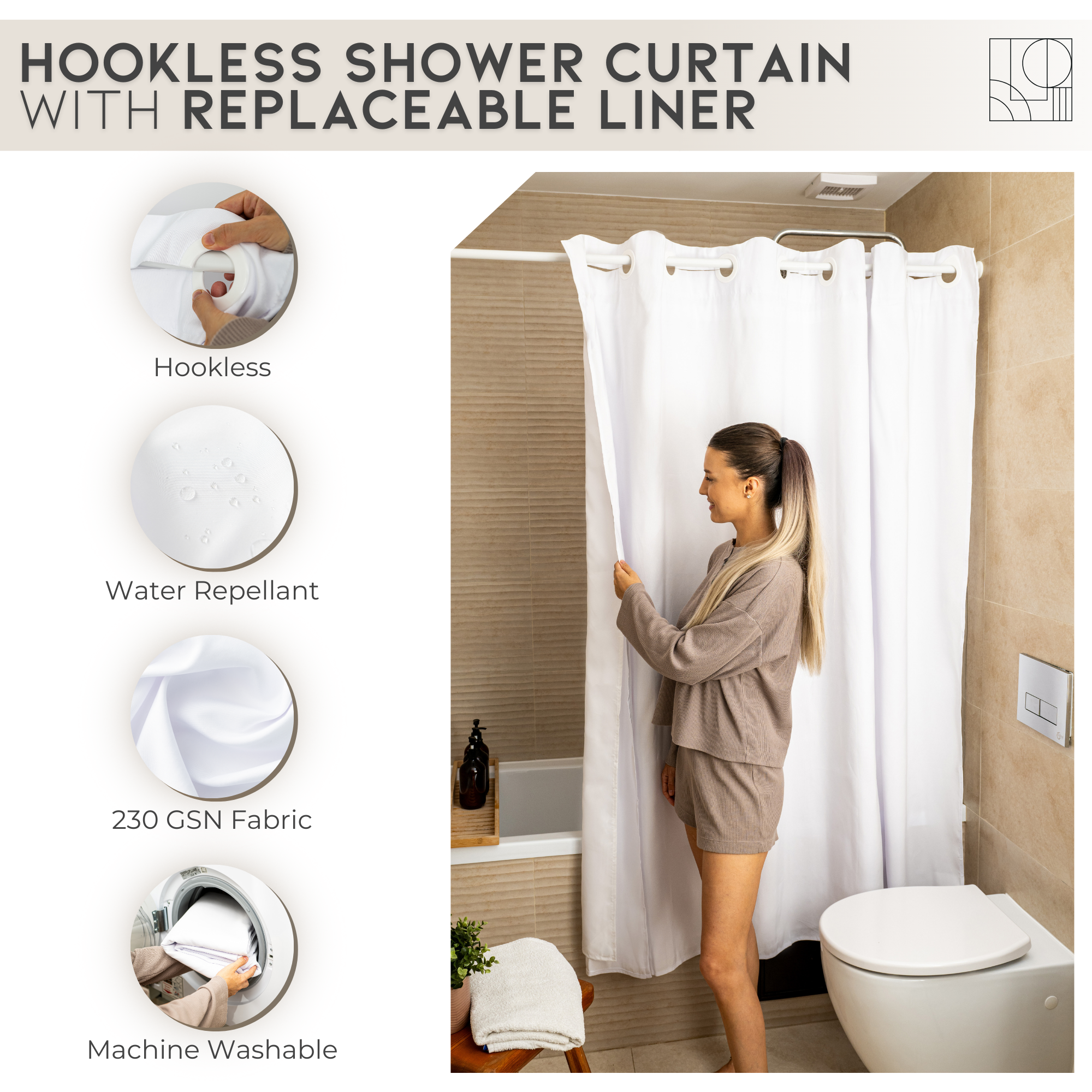 Water Resistant Full Length Bathroom Curtains Shower (White)