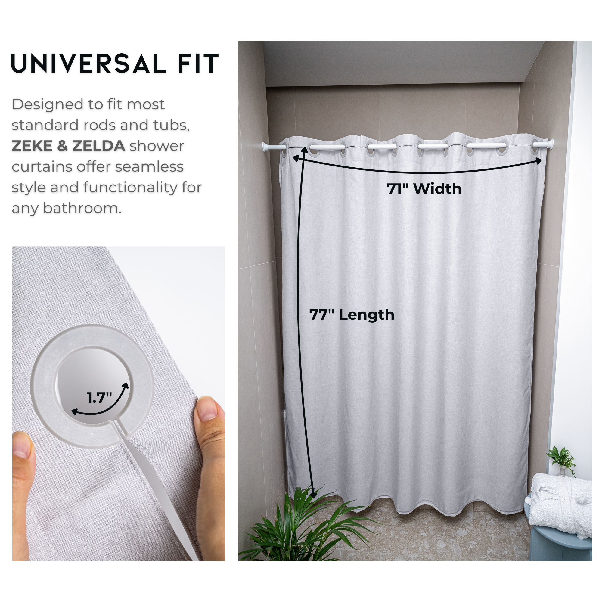 Water Resistant Full Length Bathroom Curtains Shower (Grey)