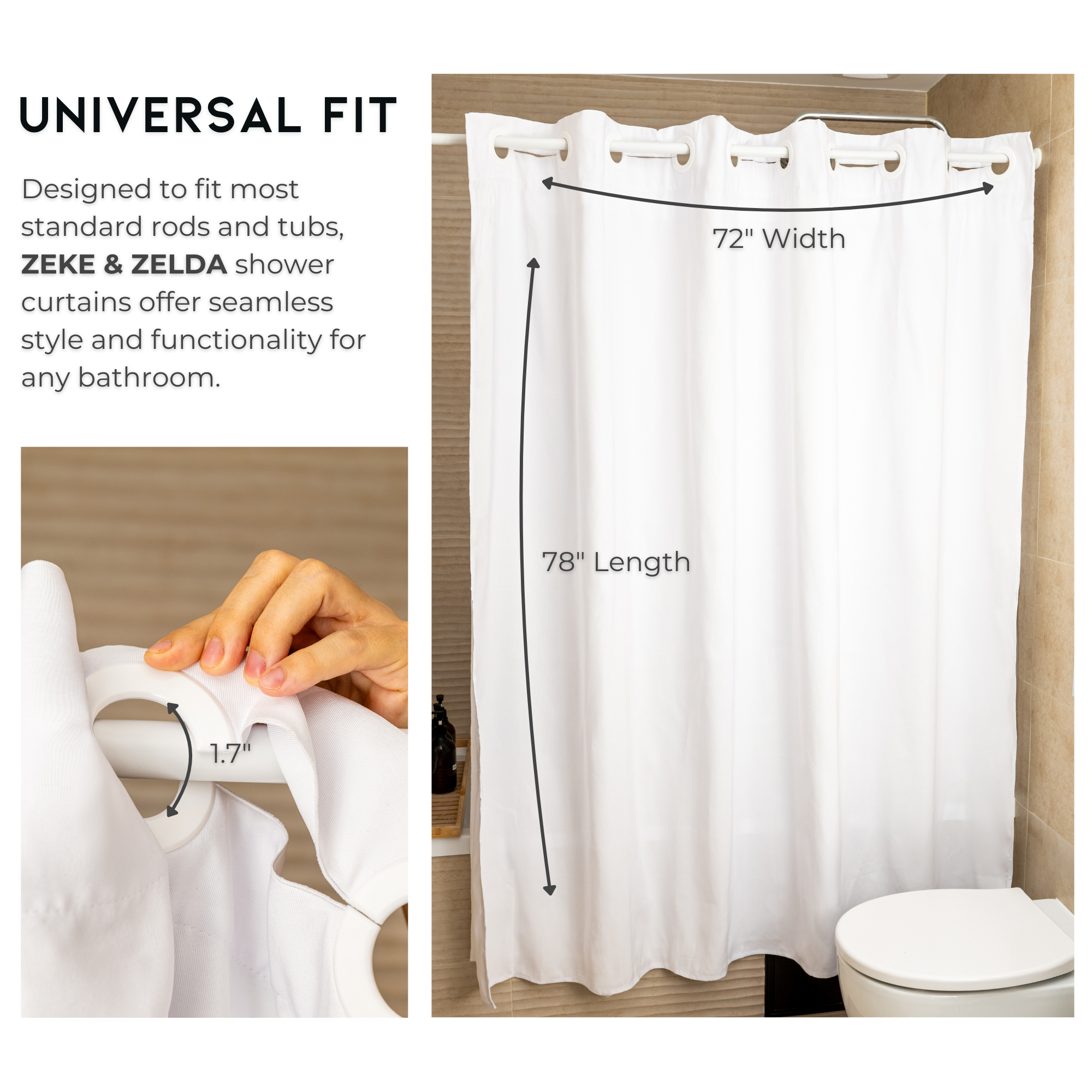 Water Resistant Full Length Bathroom Curtains Shower (White)